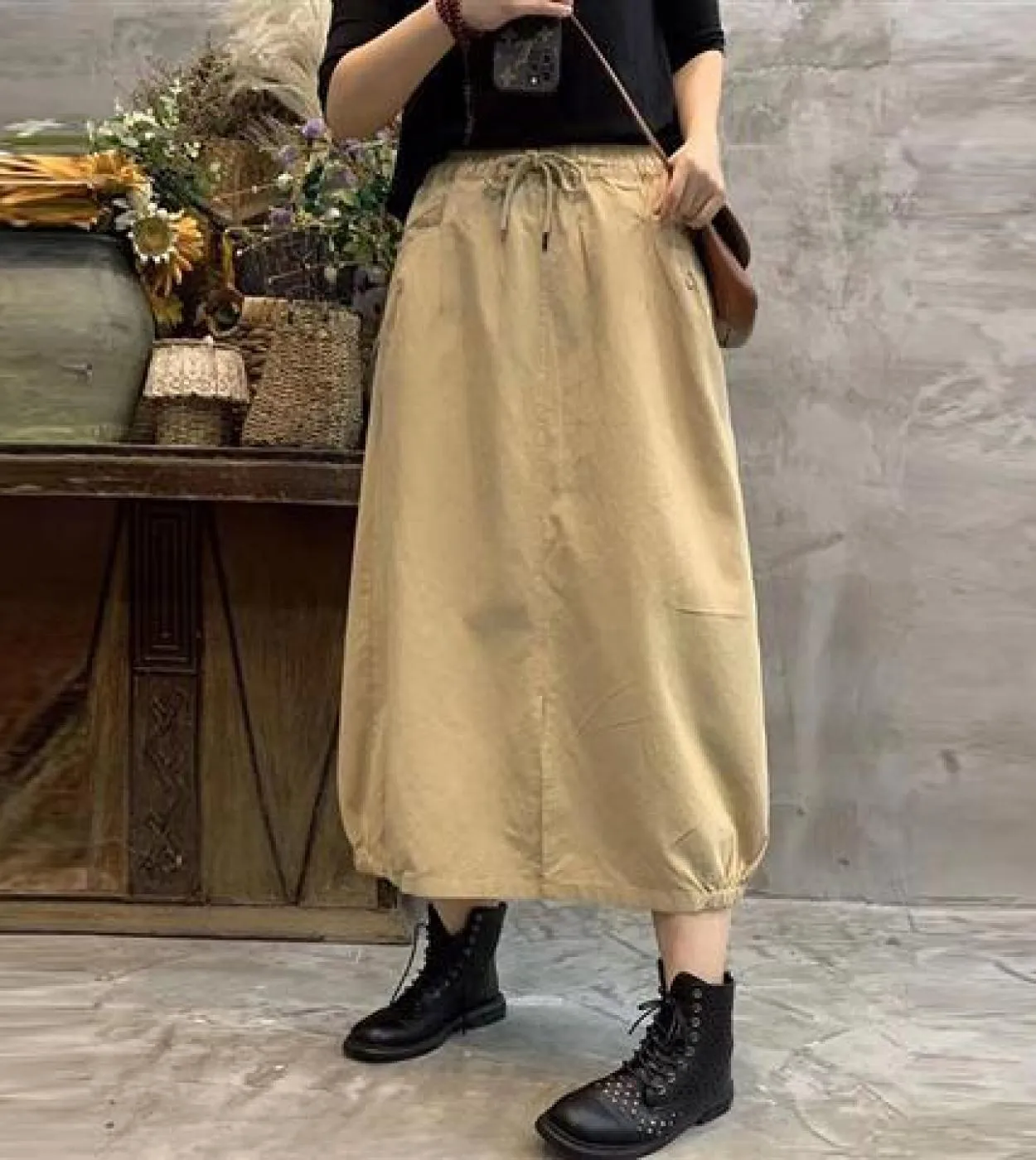 2022 Spring Arts Style Donna Elastico in vita Gonne a trapezio larghe Tutte abbinate Gonna lunga in lino di cotone tinta unita c