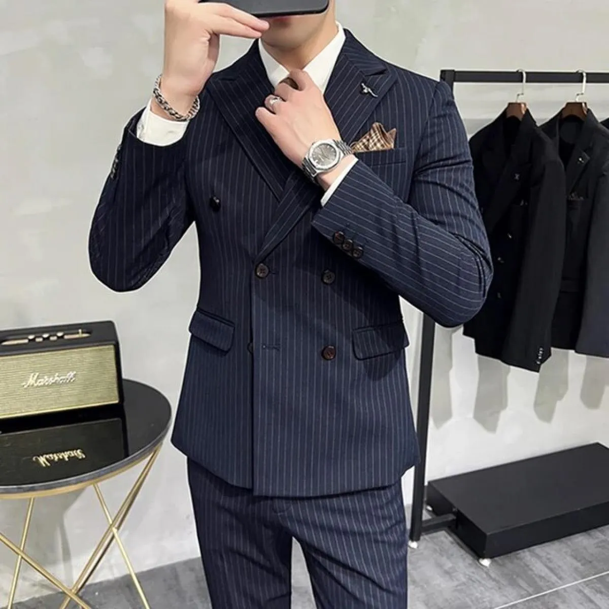 2023 Moda Nuovo Boutique da uomo Business Slim Wedding a righe doppiopetto Completo Blazer Giacca Pantaloni Pantaloni Gilet 3