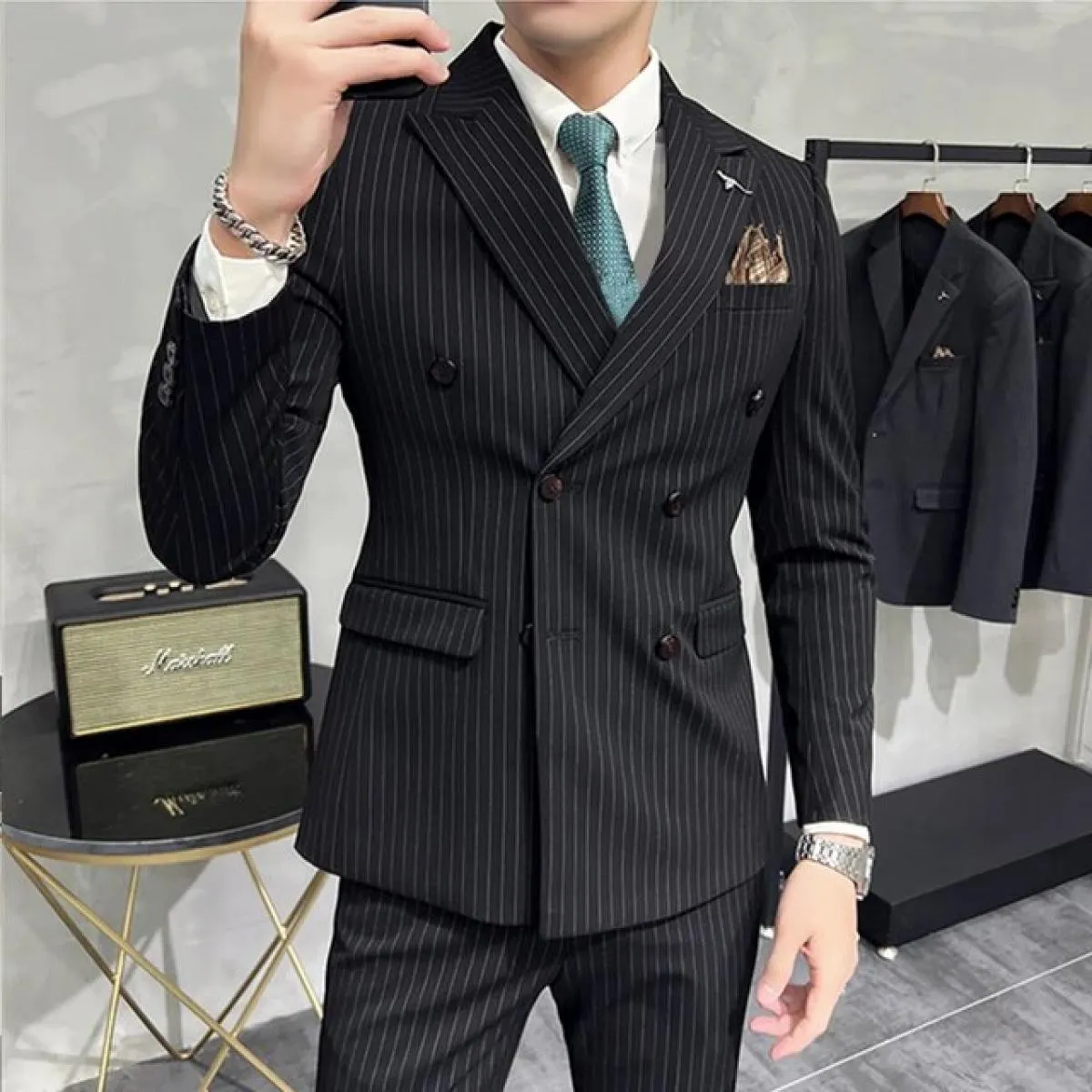 2023 Moda Nuovo Boutique da uomo Business Slim Wedding a righe doppiopetto Completo Blazer Giacca Pantaloni Pantaloni Gilet 3