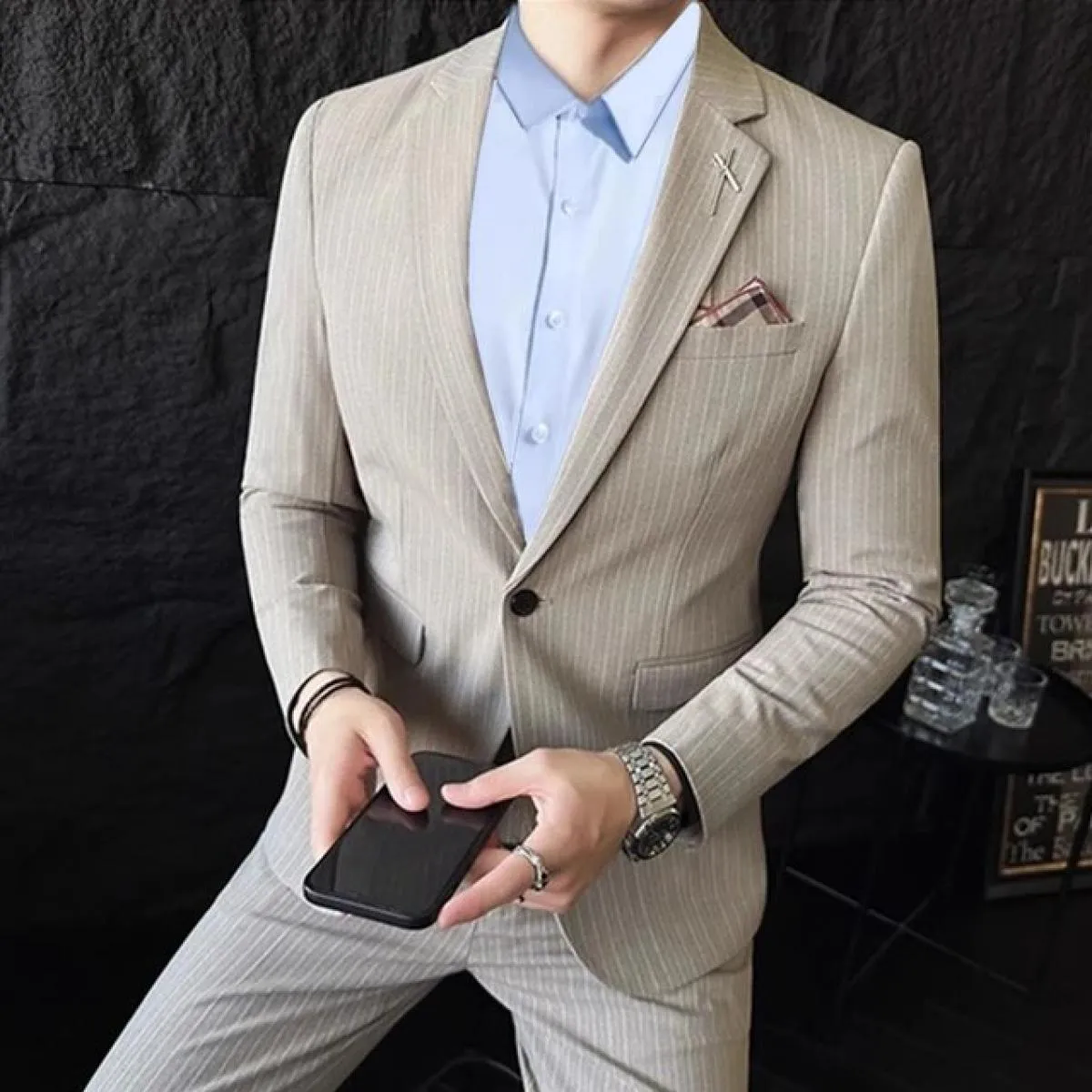2023 Moda Nuovo Boutique da uomo Business Slim Wedding a righe doppiopetto Completo Blazer Giacca Pantaloni Pantaloni Gilet 3