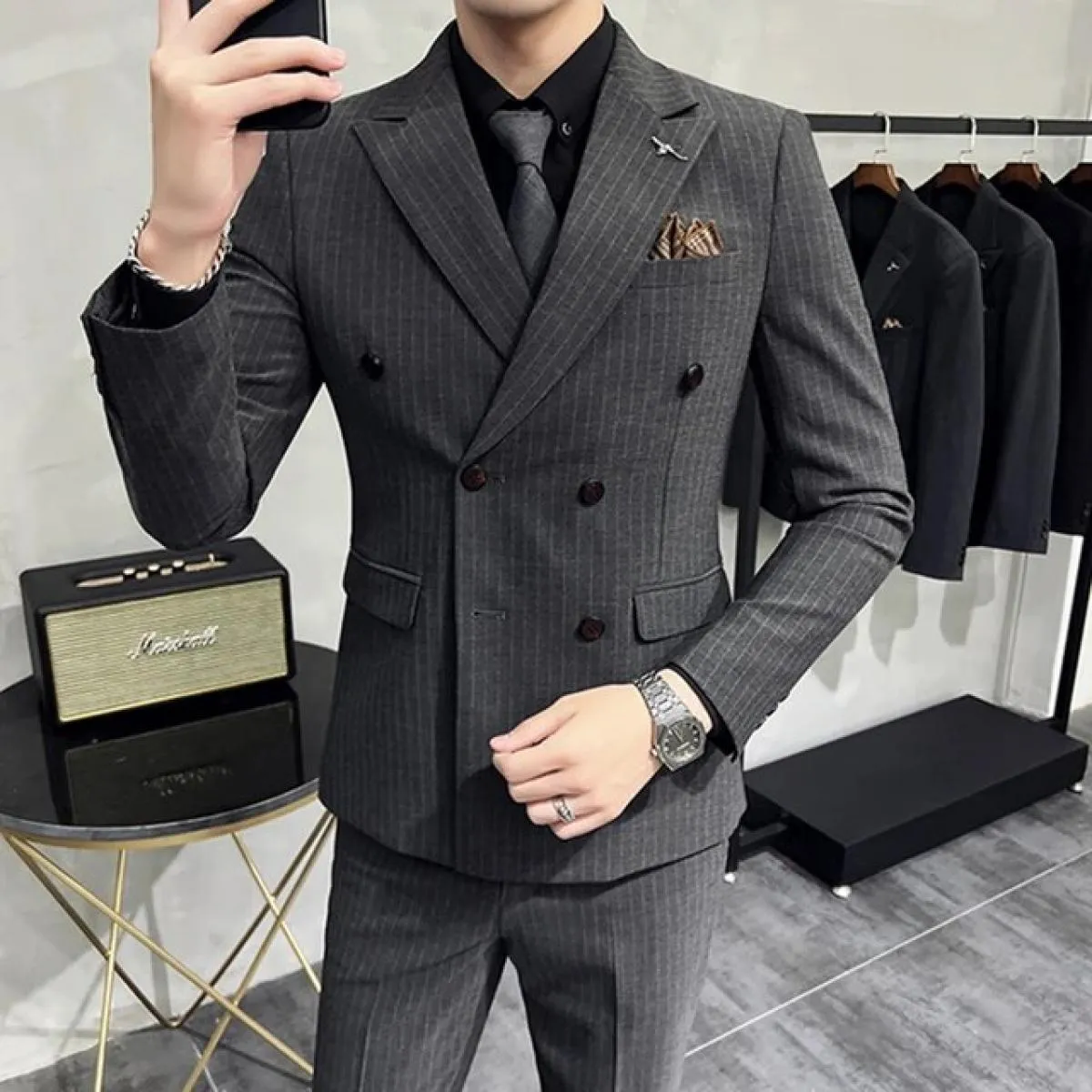 2023 Moda Nuovo Boutique da uomo Business Slim Wedding a righe doppiopetto Completo Blazer Giacca Pantaloni Pantaloni Gilet 3