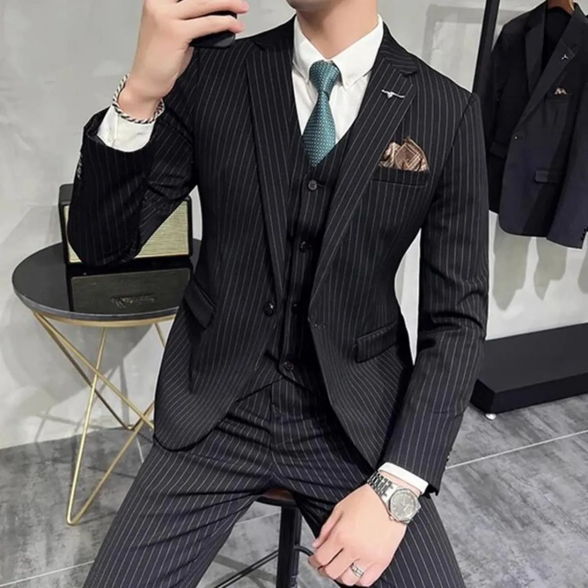 2023 Moda Nuovo Boutique da uomo Business Slim Wedding a righe doppiopetto Completo Blazer Giacca Pantaloni Pantaloni Gilet 3