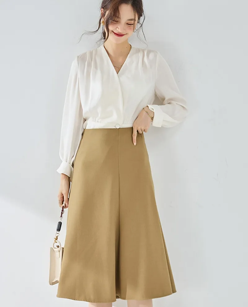 23 Autunno nuovo stile elegante dimagrante semplice professionale a vita alta gonna a trapezio a coda di pesce di media lunghezz
