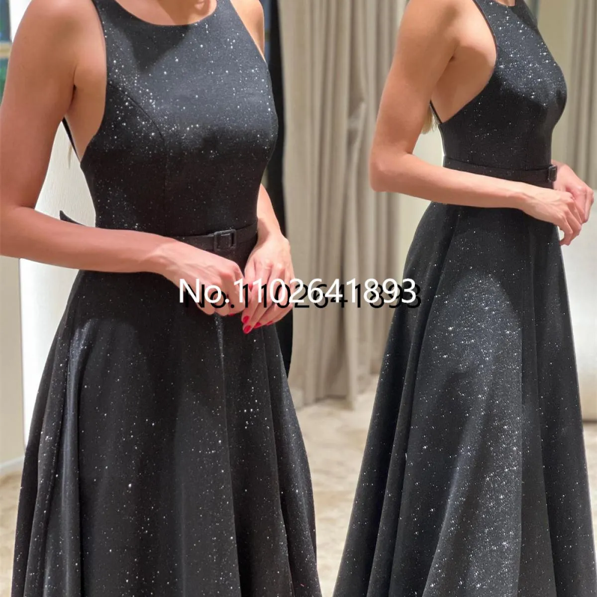 Abiti da sera formali scintillanti con scollo a O. Abito da ballo senza spalline con spacco laterale lucido e spalline glitterat