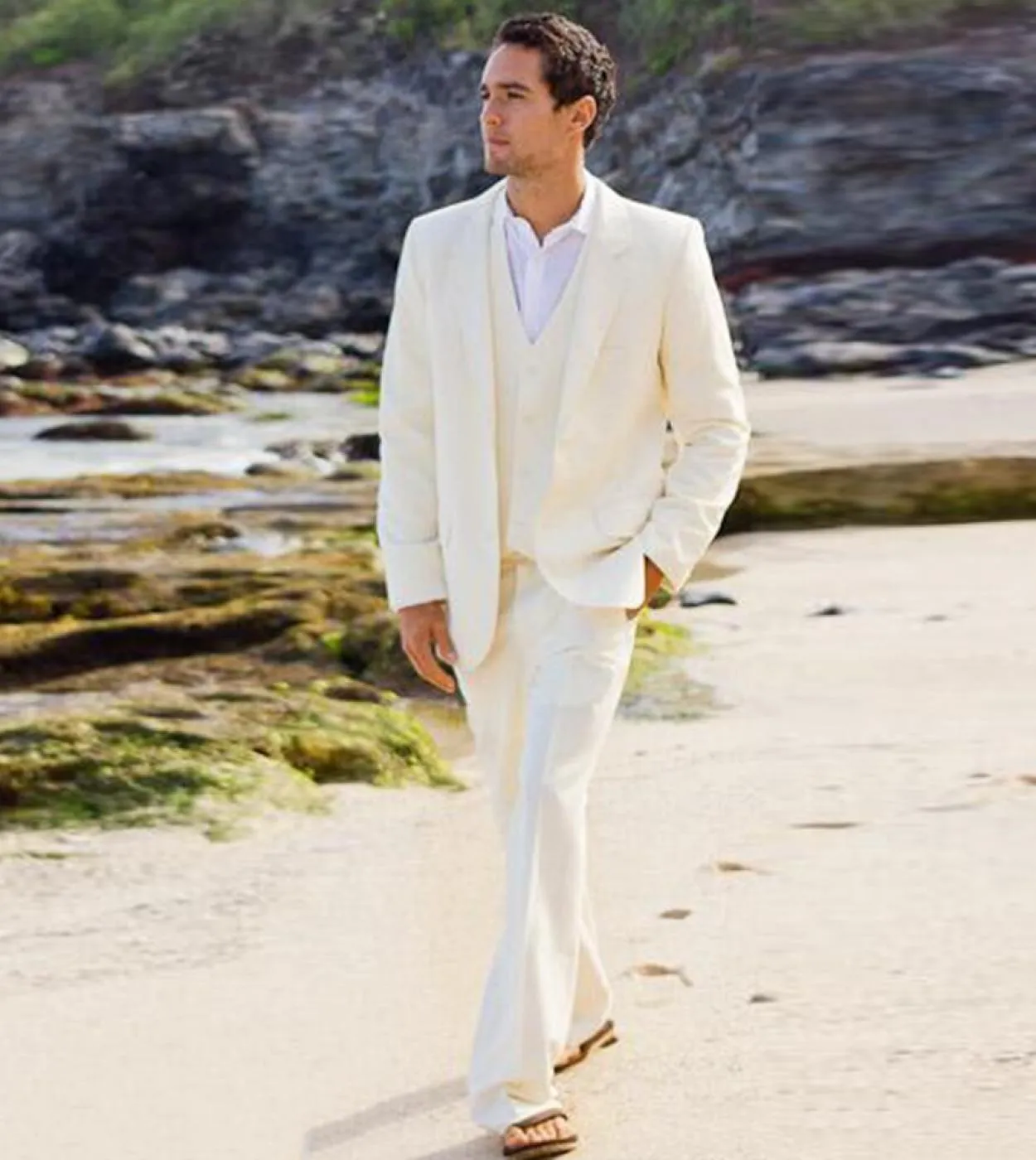 Abito da uomo in lino bianco avorio per matrimonio Slim Fit Terno Masculino Notch Risvolto Sposo Prom Abiti da uomo giacca  pa