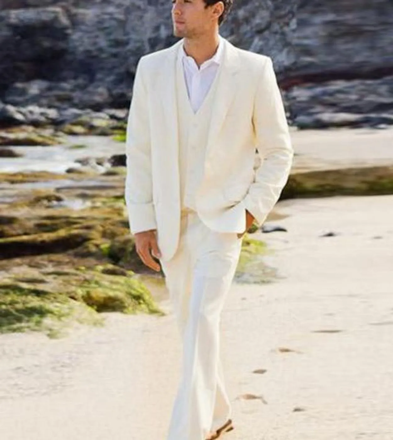 Abito da uomo in lino bianco avorio per matrimonio Slim Fit Terno Masculino Notch Risvolto Sposo Prom Abiti da uomo giacca  pa