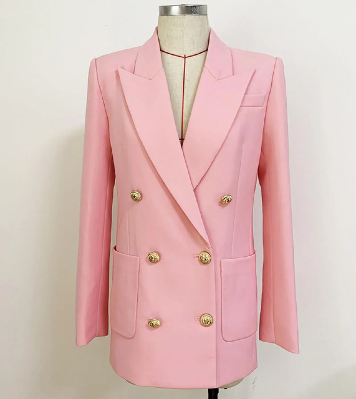 Blazer lungo rosa di nuovo design Giacca da donna nuova giacca doppiopetto con bottoni dorati Tasca grande Decorazione Sciolto d