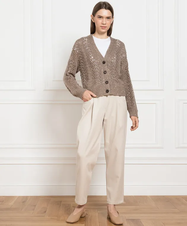 Brunello Cucinelli Cardigan marrone con motivo traforato con paillettes MPT361506
