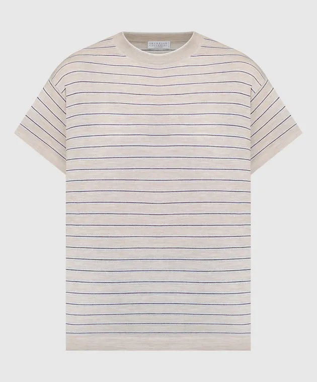 Brunello Cucinelli T-shirt beige realizzata in lana e cashmere con lurex M14813700
