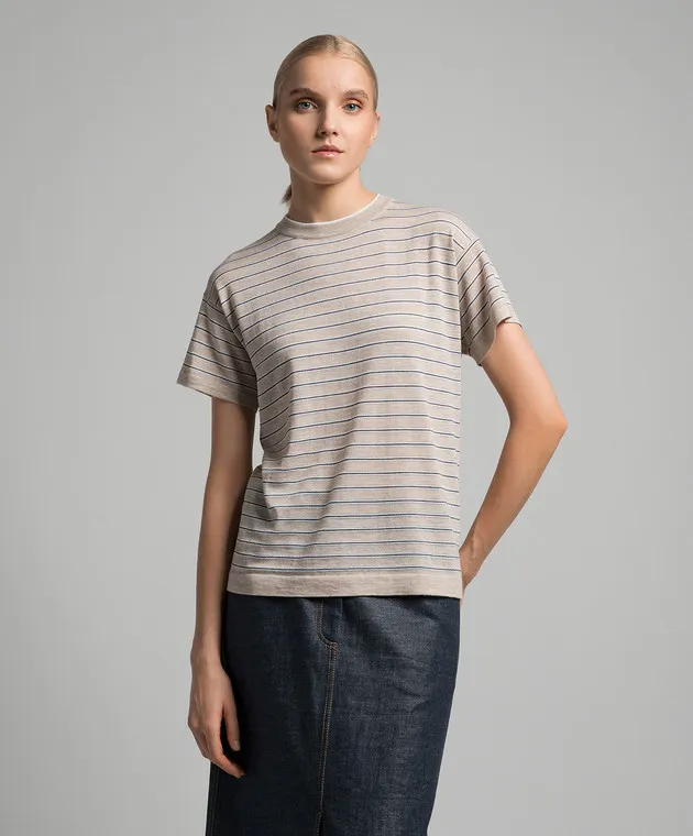 Brunello Cucinelli T-shirt beige realizzata in lana e cashmere con lurex M14813700