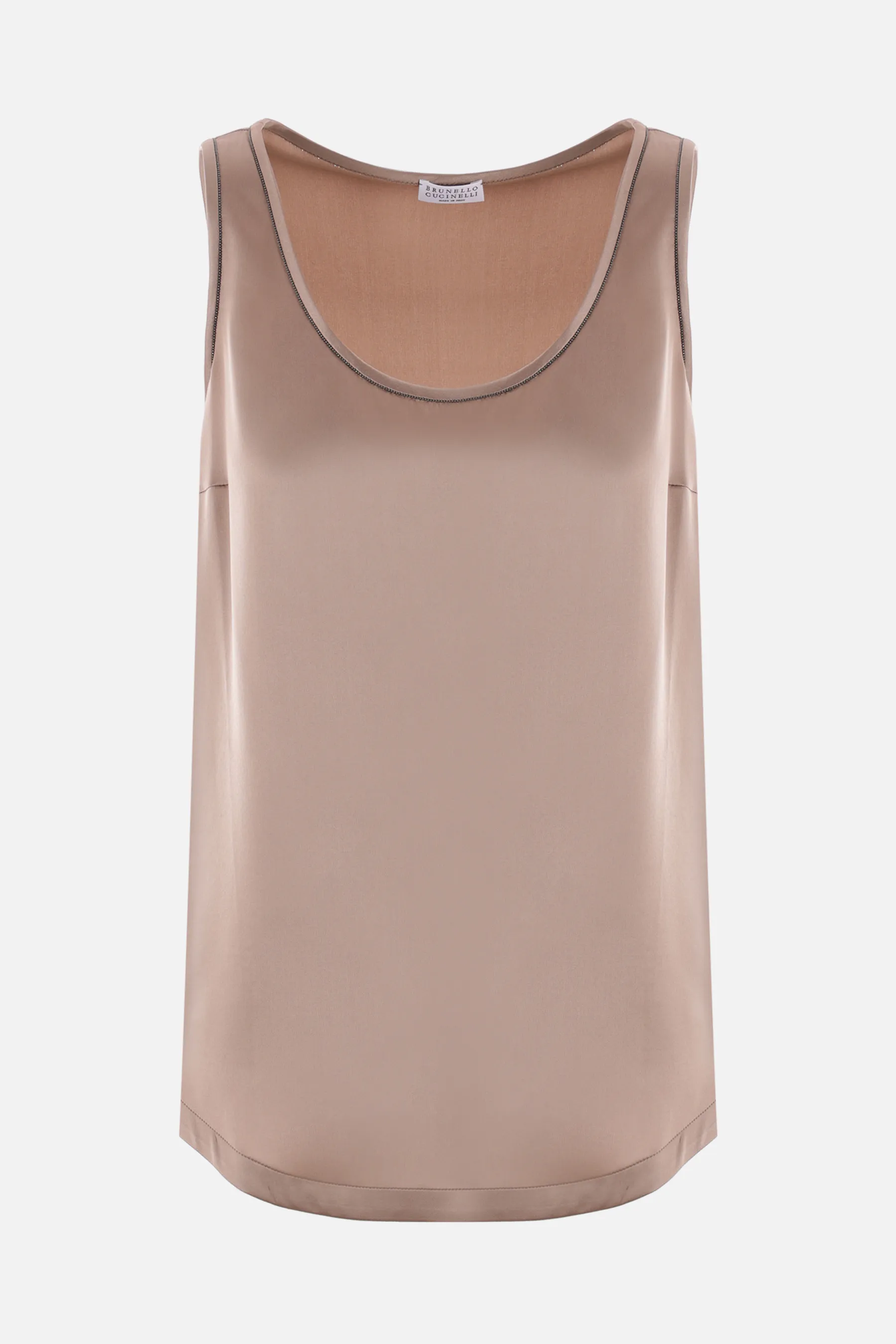 BRUNELLO CUCINELLI top smanicato in raso stretch con dettaglio monile
