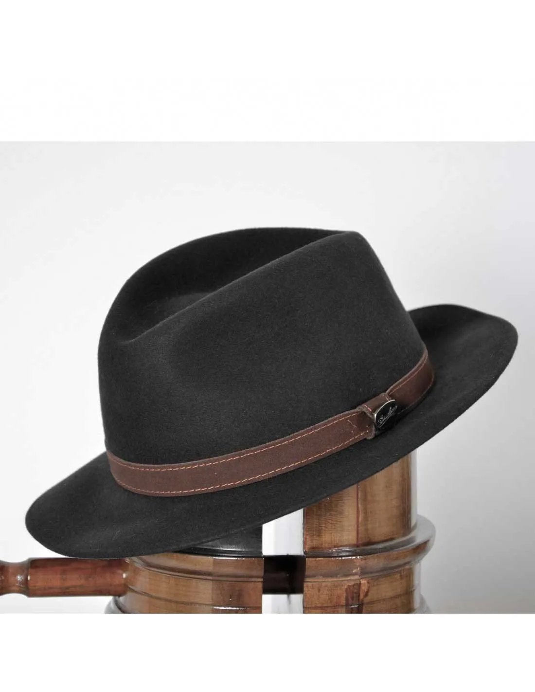 Cappello Borsalino con tesa fascia inserto in pelle Nero Mod Mario