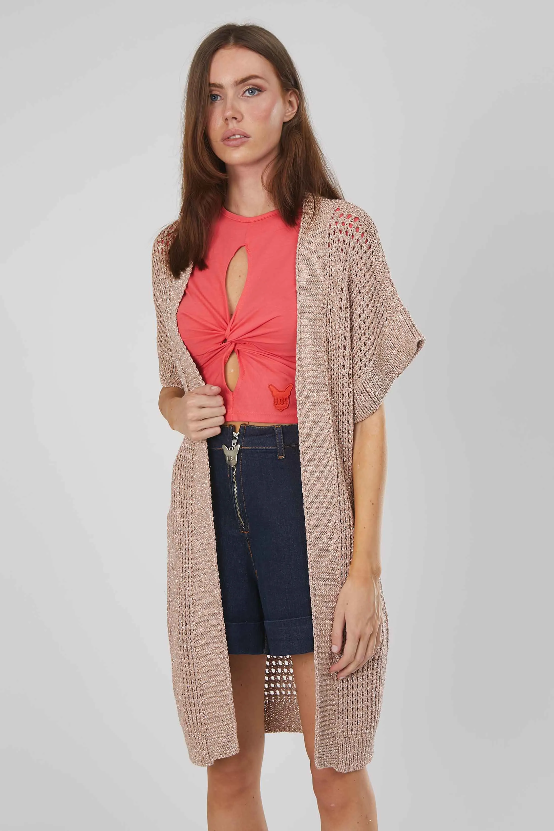 CARDIGAN LUNGO RETE ROSA ANTICO