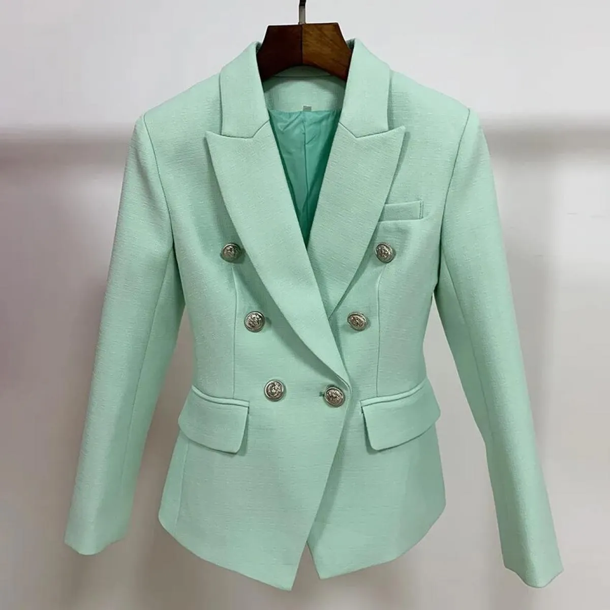 Giacca blazer di design barocco classico High Street 2022 da donna Bottoni leone in metallo Blazer doppiopetto strutturato menta