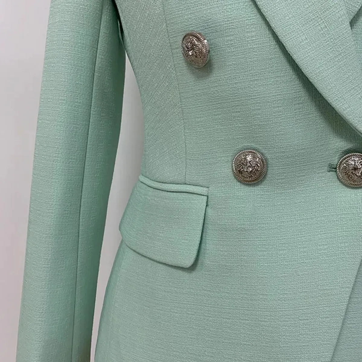 Giacca blazer di design barocco classico High Street 2022 da donna Bottoni leone in metallo Blazer doppiopetto strutturato menta