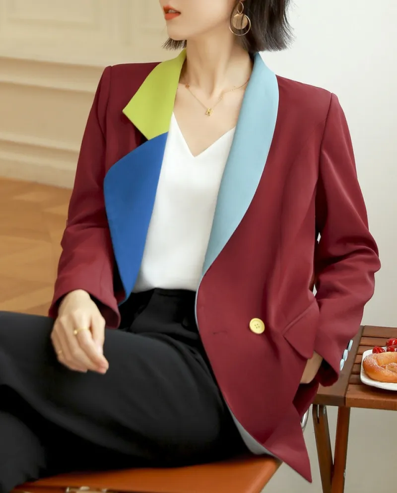 Giacca da abito alla moda Donna Autunno Nuovo temperamento Abbinamento colori Blazer doppiopetto a maniche lunghe
