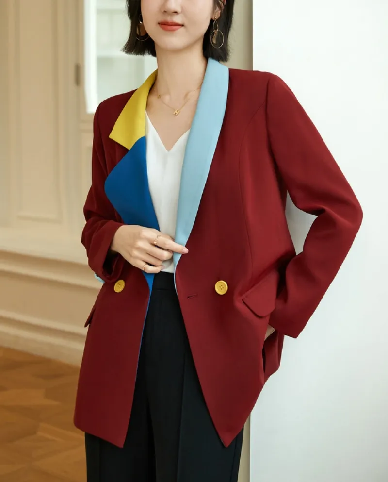 Giacca da abito alla moda Donna Autunno Nuovo temperamento Abbinamento colori Blazer doppiopetto a maniche lunghe