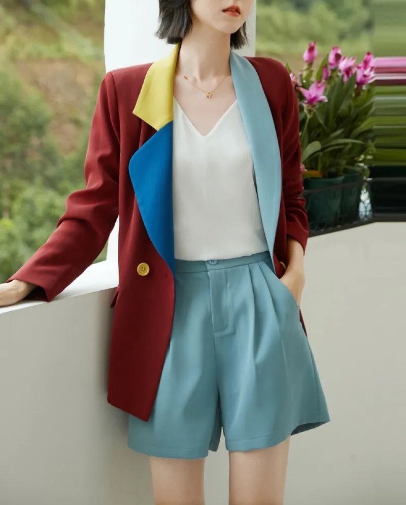 Giacca da abito alla moda Donna Autunno Nuovo temperamento Abbinamento colori Blazer doppiopetto a maniche lunghe