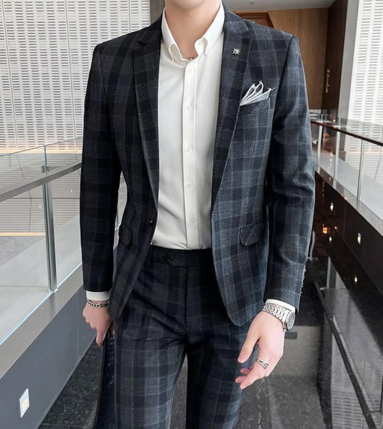 Giacca  pantaloni Slim Business Abiti doppiopetto Moda uomo Abbigliamento casual 2 pezzi Set Mens Blazer Smoking Sposo W