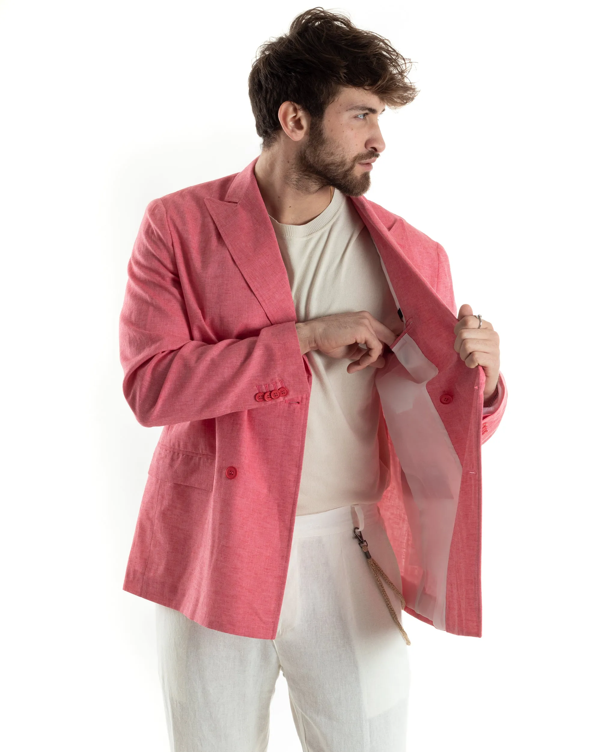 Giacca Uomo Lino Doppiopetto Melangiata Cerimonia Elegante Casual Corallo GIOSAL-G3179A
