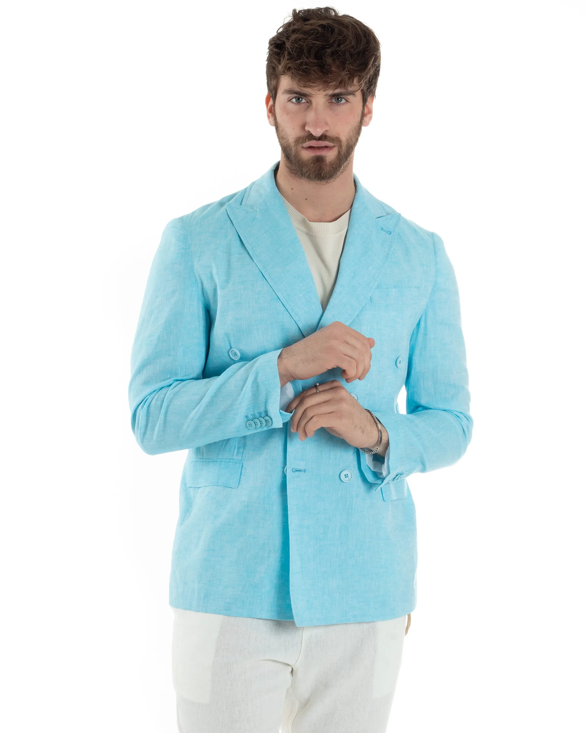 Giacca Uomo Lino Doppiopetto Melangiata Cerimonia Elegante Casual Turchese GIOSAL-G3182A