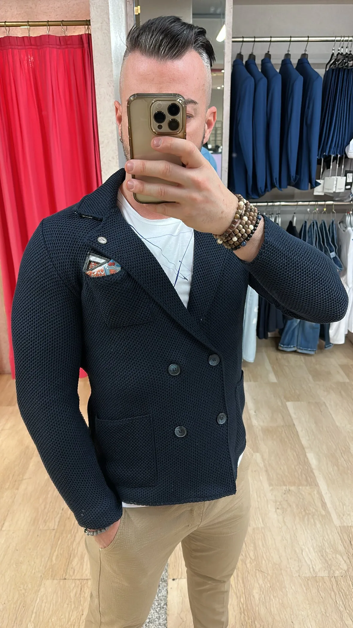 Giacca V2 Uomo doppiopetto destrutturata in maglia con trama ad occhio di pernice con taschino, interno collo e pochette Tinta U