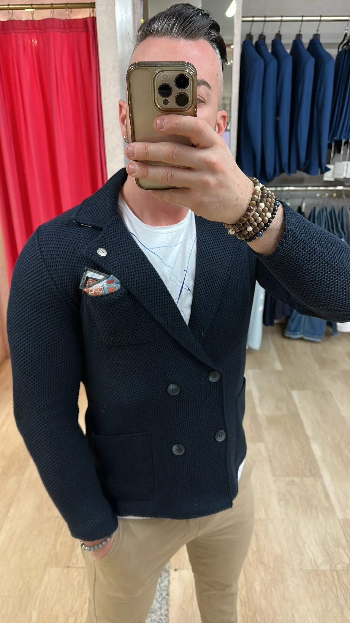 Giacca V2 Uomo doppiopetto destrutturata in maglia con trama ad occhio di pernice con taschino, interno collo e pochette Tinta U