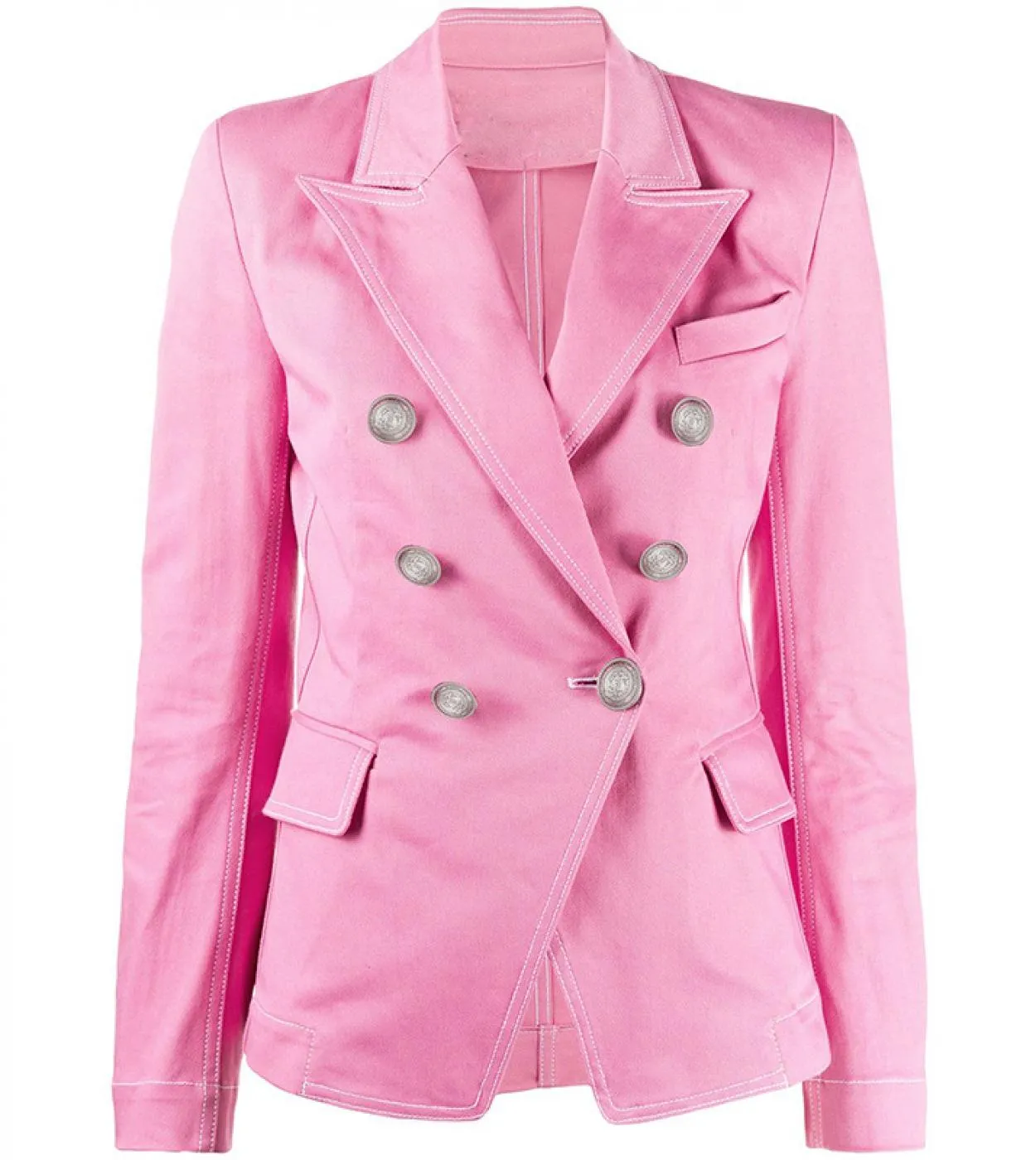 Giacche di jeans rosa Abito blazer Giacca blazer da donna con colletto dentellato sottile argento doppiopetto con bottoni a mani