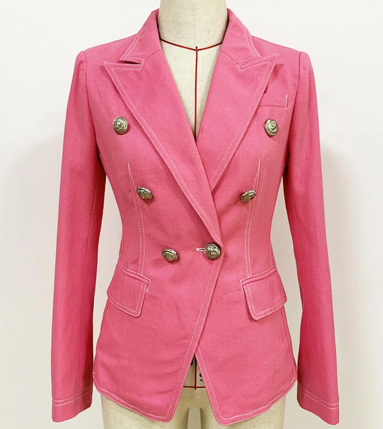 Giacche di jeans rosa Abito blazer Giacca blazer da donna con colletto dentellato sottile argento doppiopetto con bottoni a mani