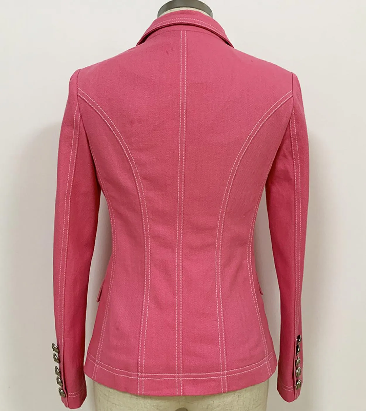 Giacche di jeans rosa Abito blazer Giacca blazer da donna con colletto dentellato sottile argento doppiopetto con bottoni a mani