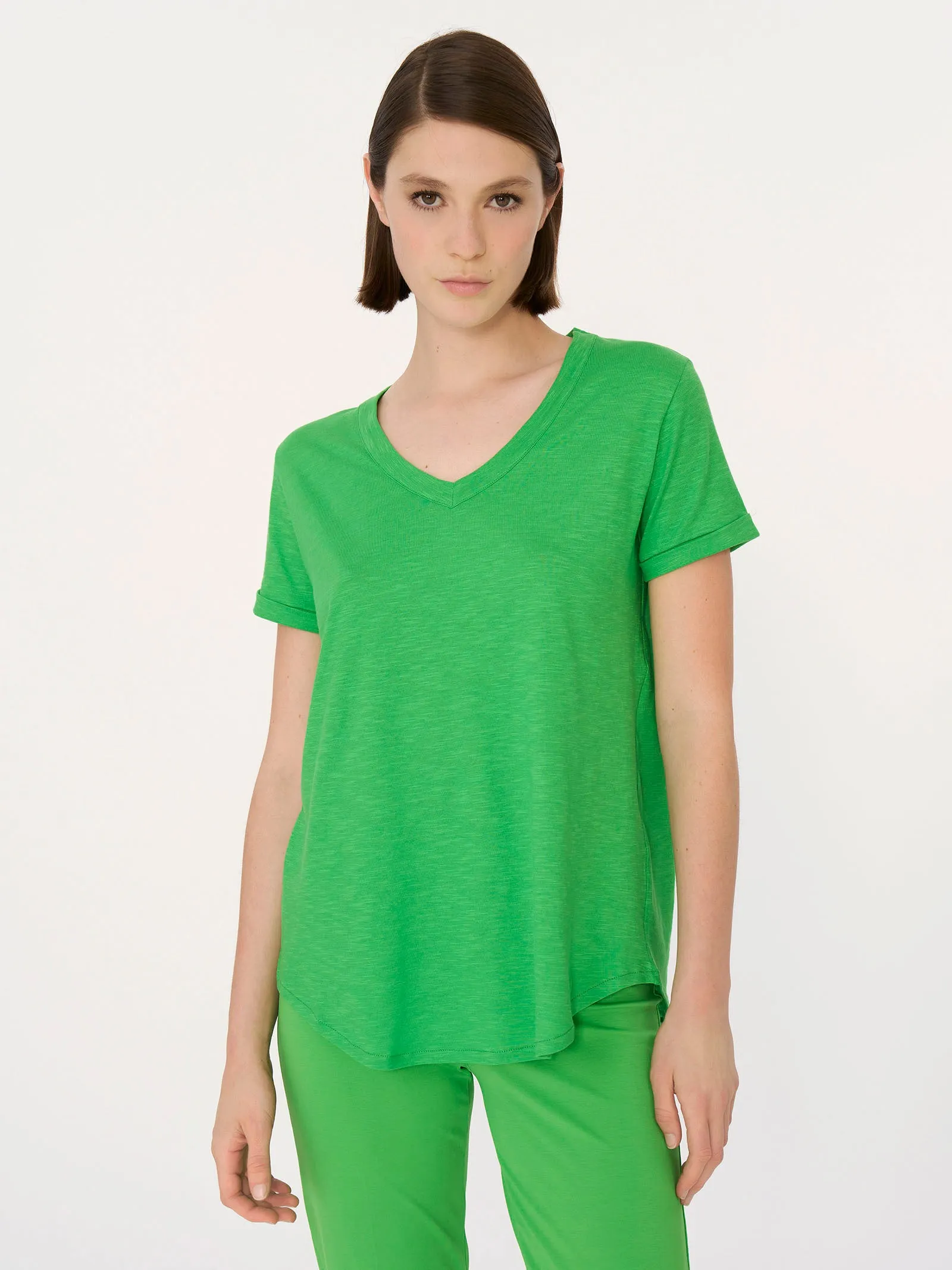 Maglietta con Scollo a V in slub jersey di cotone - Hydrangea