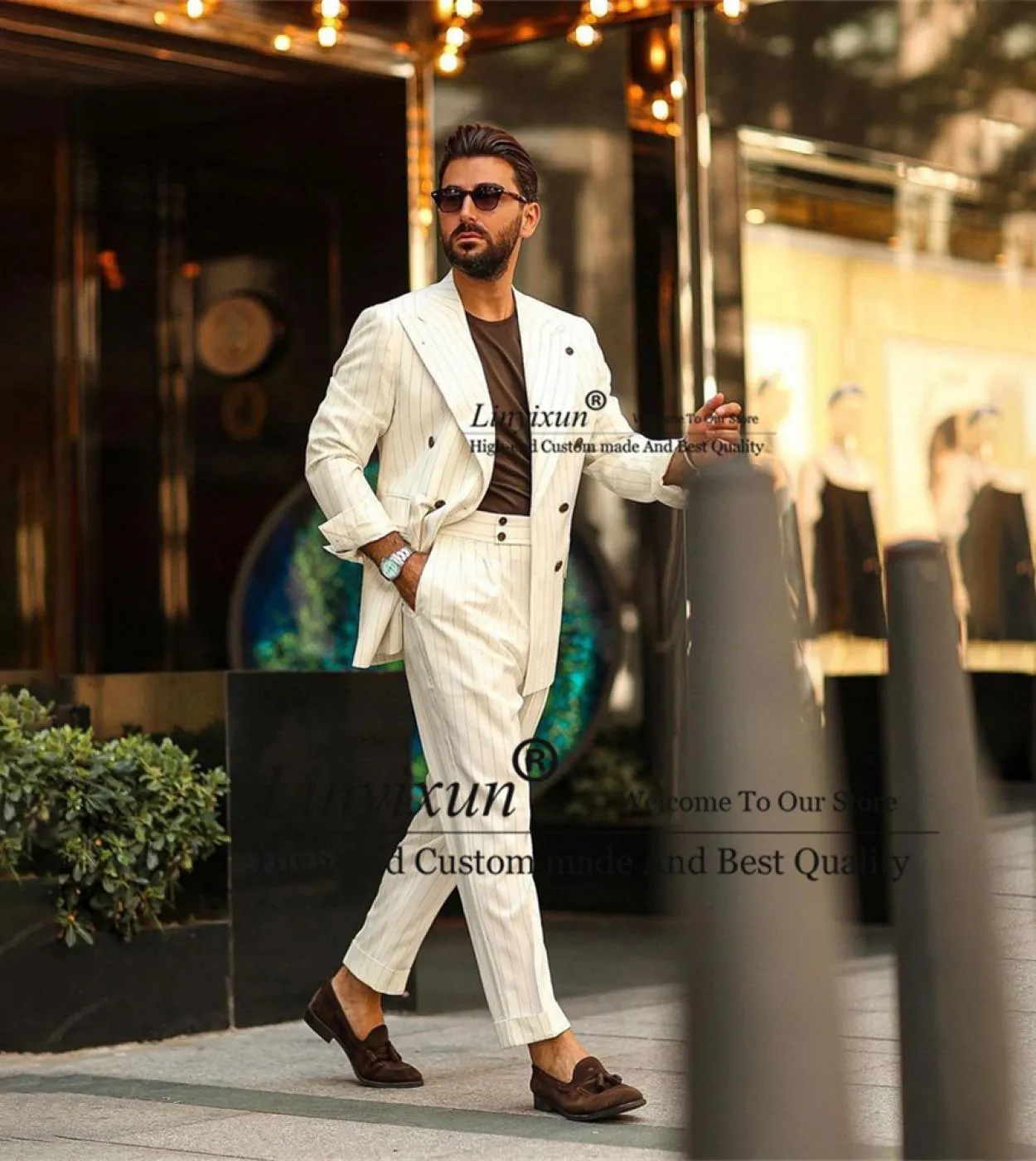 Moda uomo a righe bianche Abiti doppiopetto Business Blazer Wedding Groom Tuxedo Slim Fit 2 pezzi Giacca Pantaloni Costu