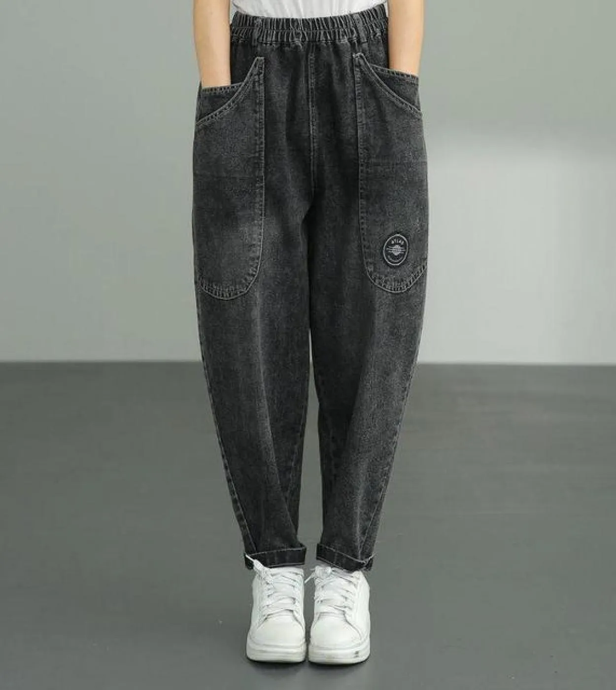Nuovo arrivo autunno donna cotone denim pantaloni alla caviglia elastico in vita casual tasca allentata patchwork pantaloni hare