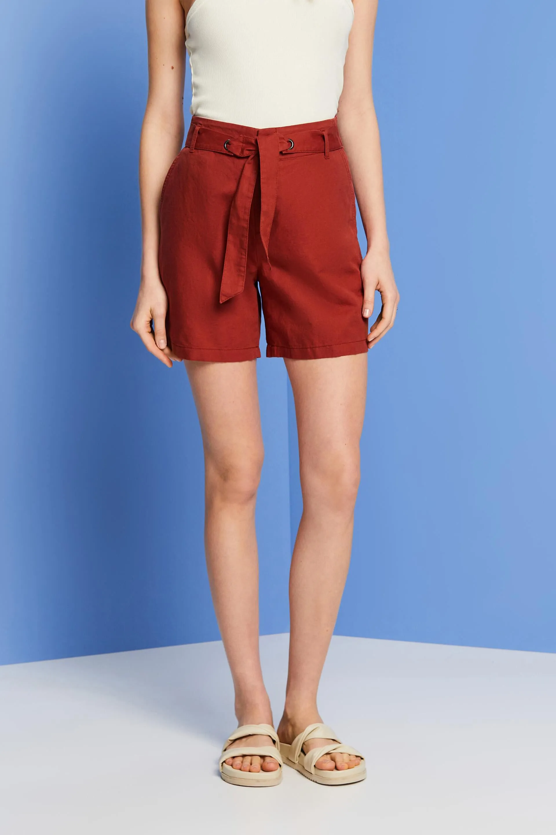 Pantaloncini con cintura da annodare, misto cotone e lino