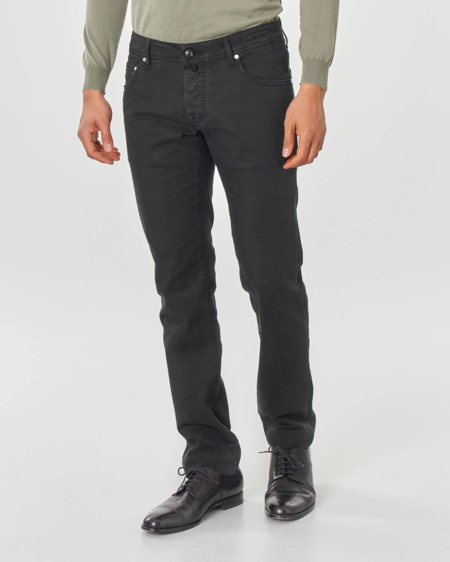 Pantalone cinque tasche nero in tessuto diagonale di cotone stretch
