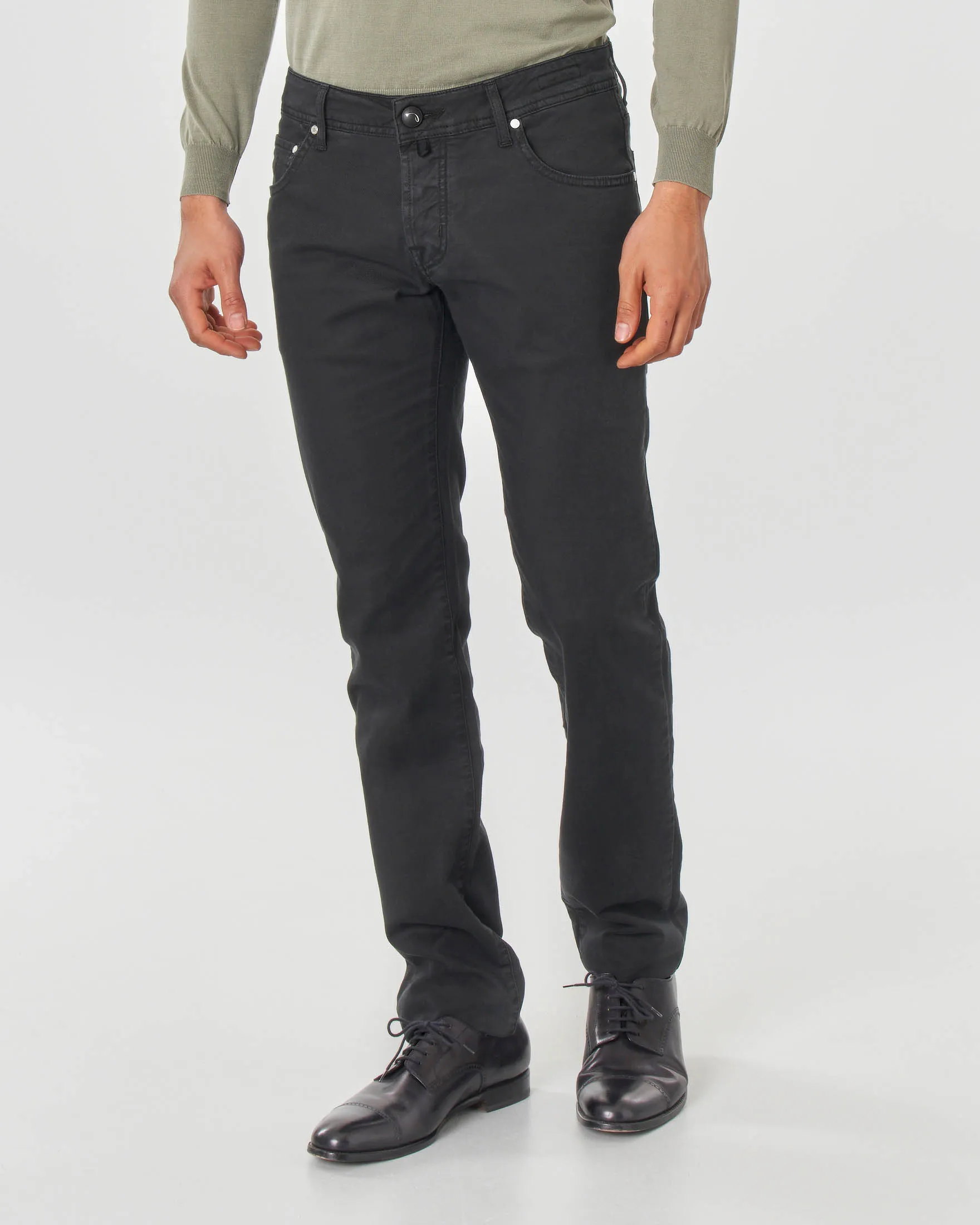 Pantalone cinque tasche nero in tessuto diagonale di cotone stretch