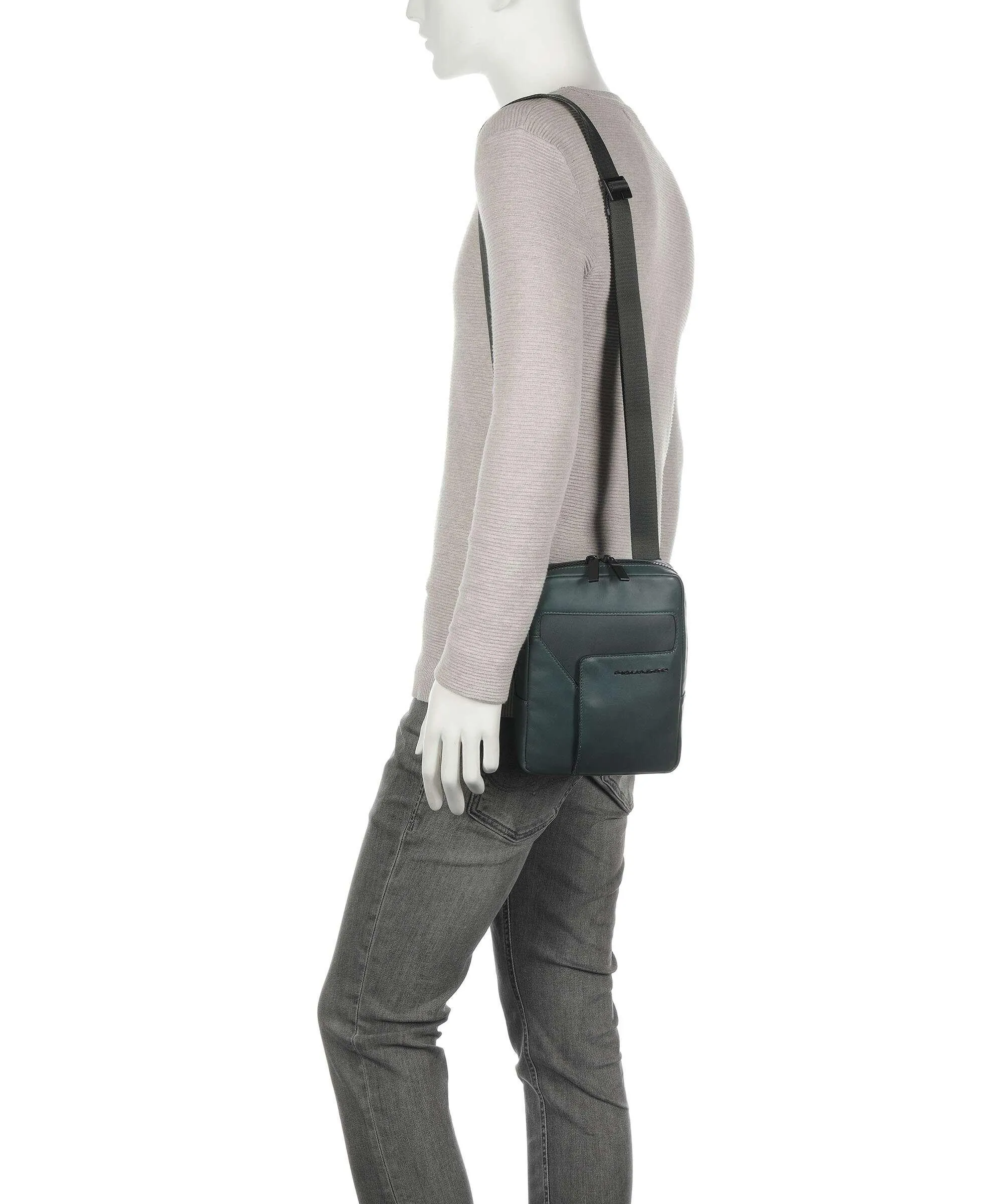  Piquadro P16 Borsa a tracolla 10″ pelle a grana fine verde scuro  