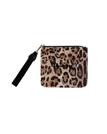 Pochette mare in canvas a fantasia animalier con patch logo e listino in similpelle