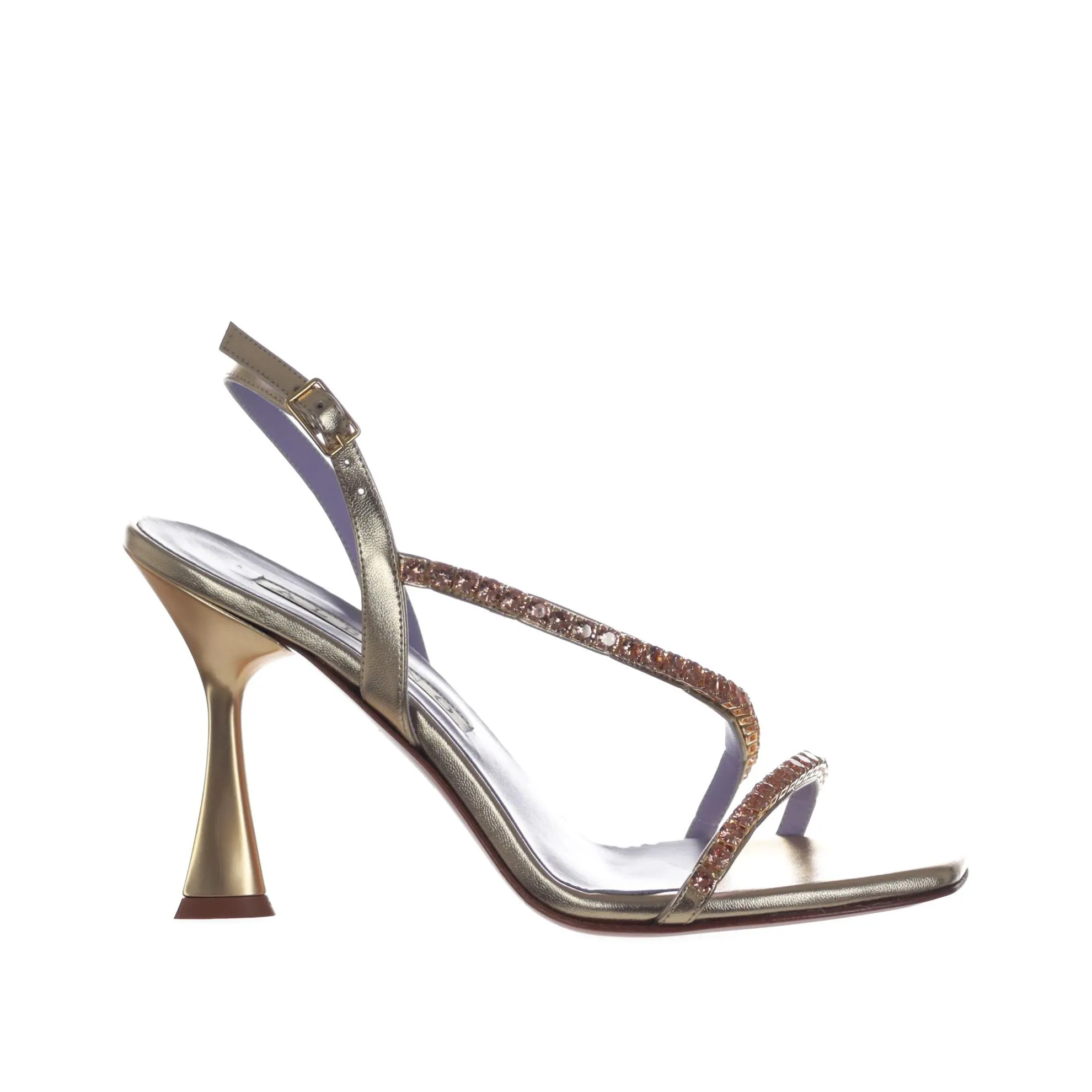 Sandalo in pelle metallizzata con strass