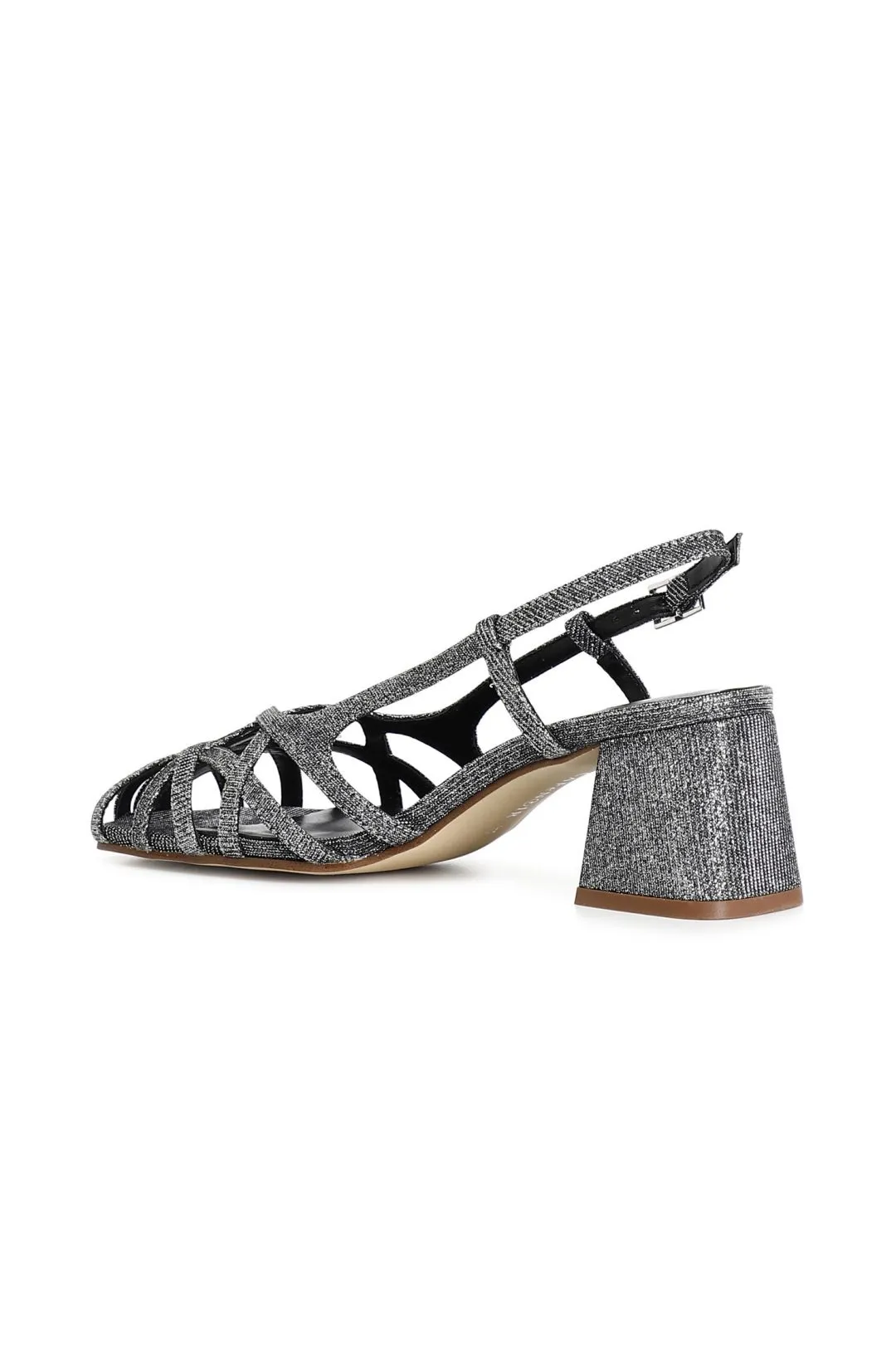 scarpe aperte in tessuto lurex con gabbia asimmetrica intrecciata antracite