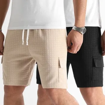 Set di 2 pantaloncini Cargo a trama quadrata 0777 Nero Beige
