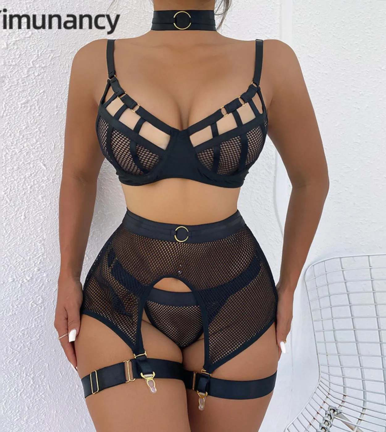 Set di biancheria intima da donna Set di reggiseni per lingerie nero nero Set di reggiseni in rete da 4 pezzi