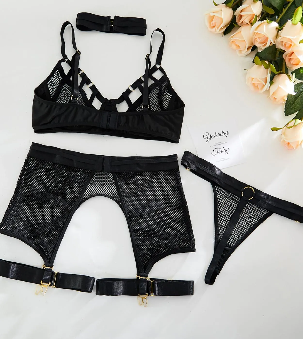 Set di biancheria intima da donna Set di reggiseni per lingerie nero nero Set di reggiseni in rete da 4 pezzi