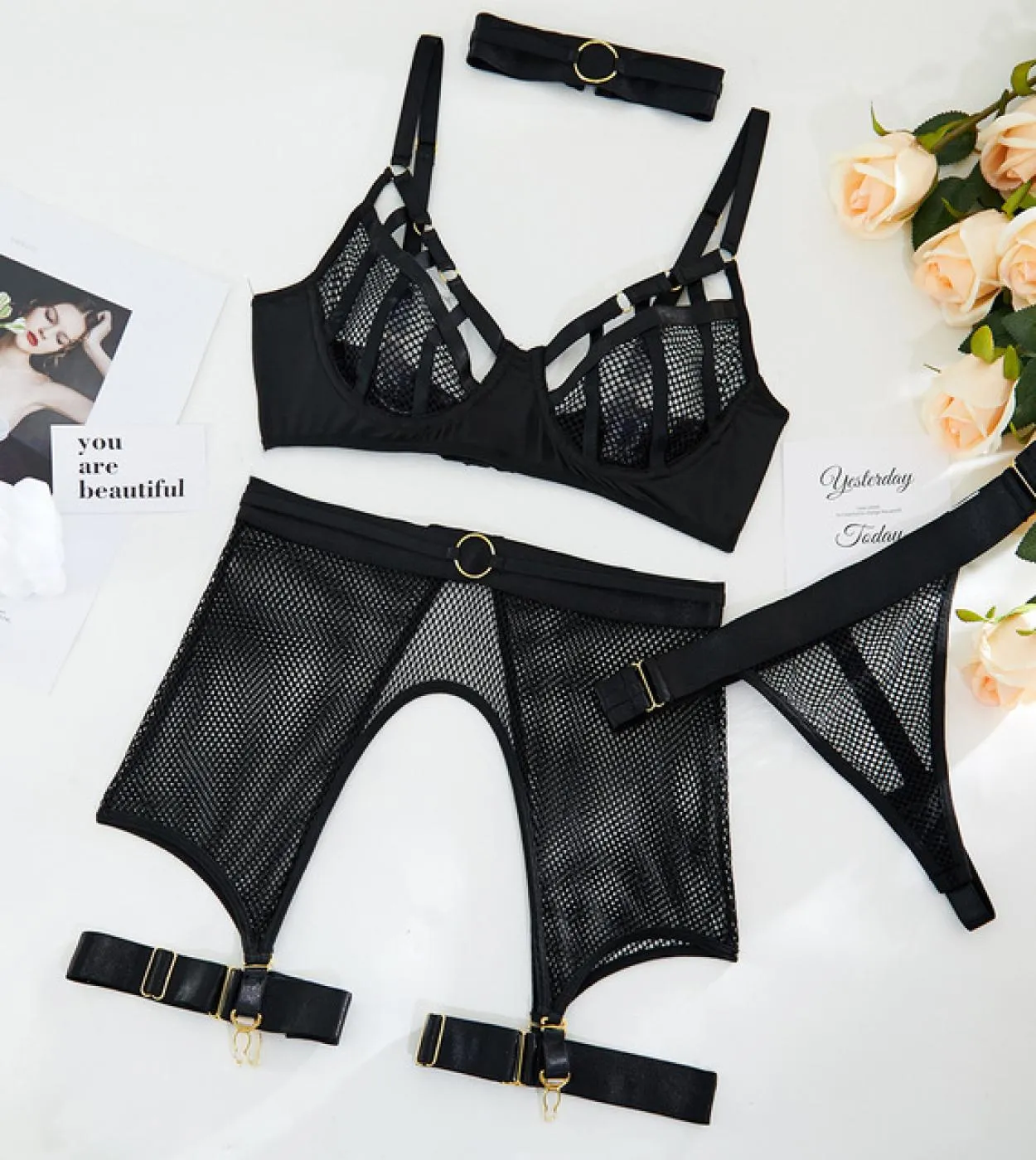 Set di biancheria intima da donna Set di reggiseni per lingerie nero nero Set di reggiseni in rete da 4 pezzi
