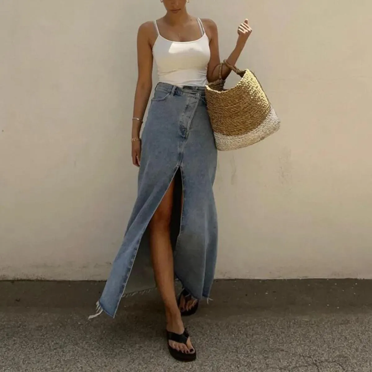Xpqbb Moda Gonne di jeans blu per le donne  Streetwear Vita alta con spacco Gonna lunga Donna Elegante pulsante irregolare Mi