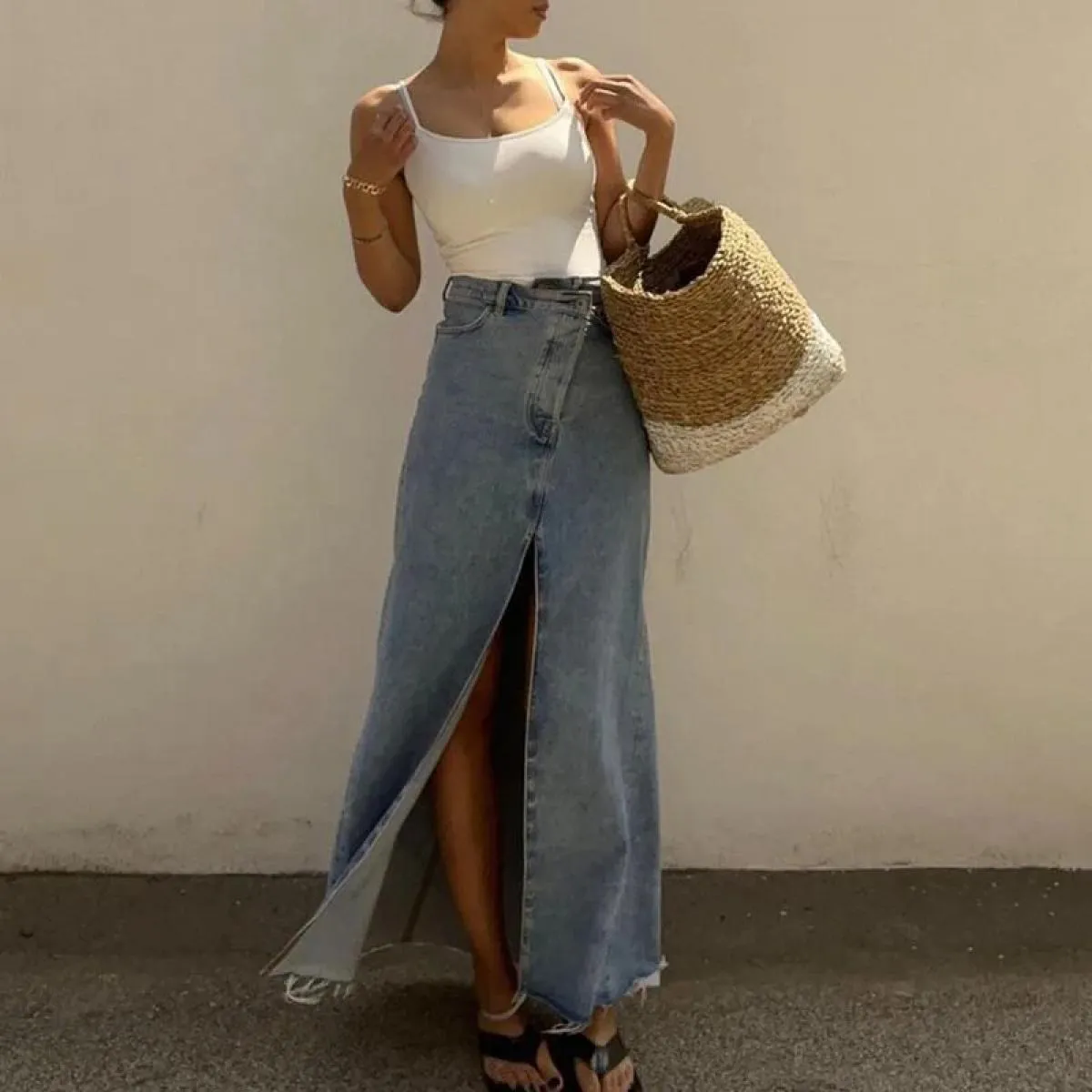 Xpqbb Moda Gonne di jeans blu per le donne  Streetwear Vita alta con spacco Gonna lunga Donna Elegante pulsante irregolare Mi